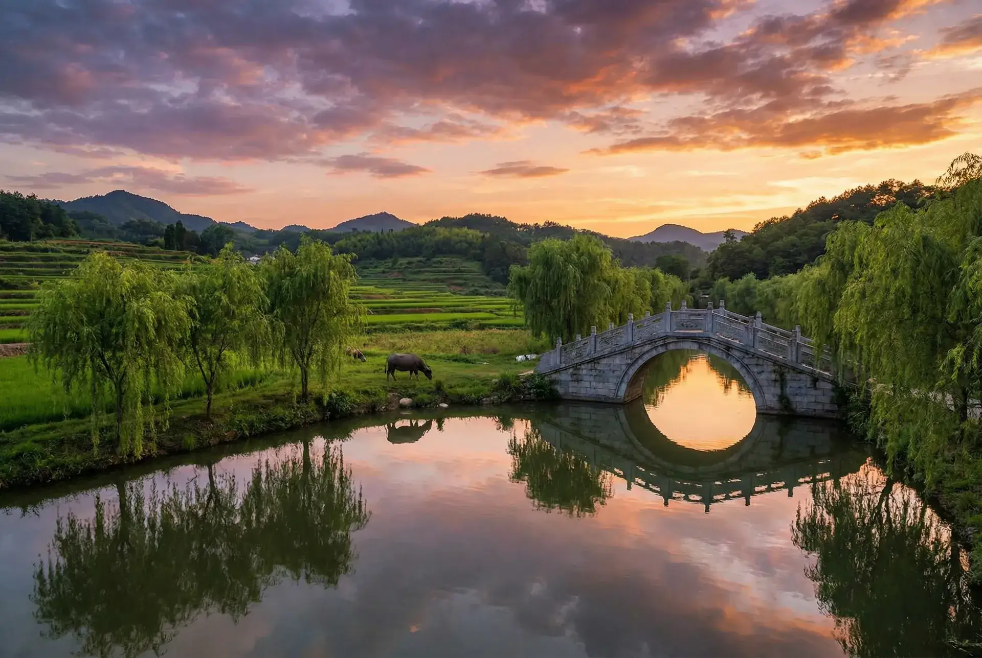 夕阳下的石拱桥与垂柳，水牛在河边吃草 - 斗罗大陆226集在线观看 乡村美景
